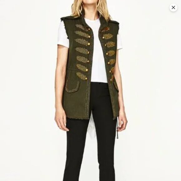 Zara Gold Beaded Military Vest, NWT, Olive Green, Size XS - Picture 1 of 13
